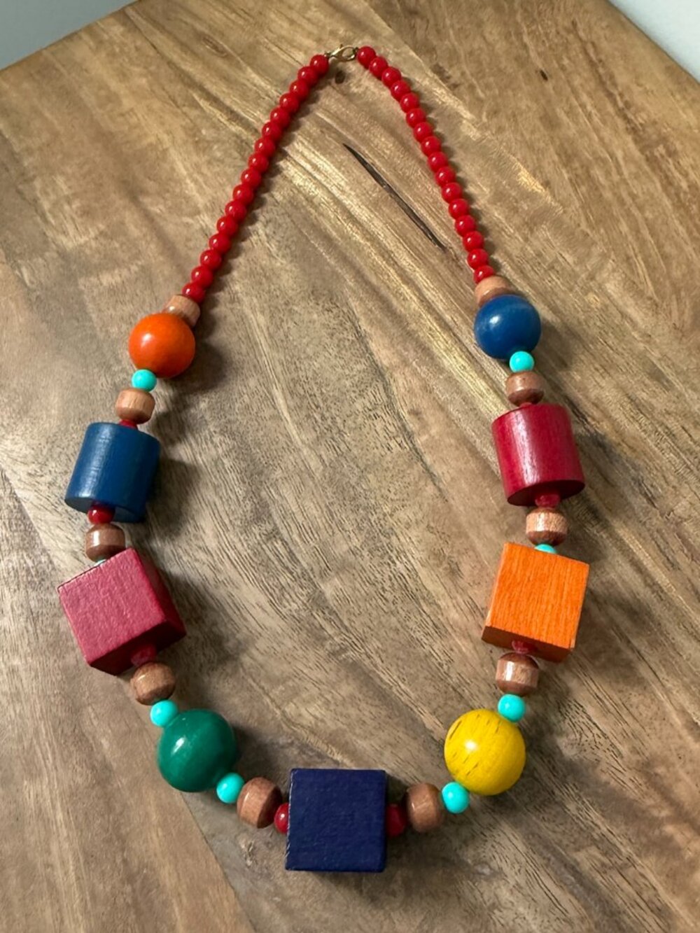 VINTAGE 70s Rainbow Wooden Bead Necklace Geometric Block Chunky Boho Mod
